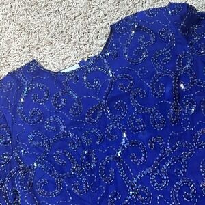 PATRA Stenay Vtg Royal Blue Sequin Beaded Short Sleeve Knee Length Dress Size 20